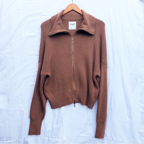 ABERCROMBIE & FITCH | LARGE BROWN DOUBLE ZIP RIBBED KNIT CARDIGAN - Picture 2 of 6